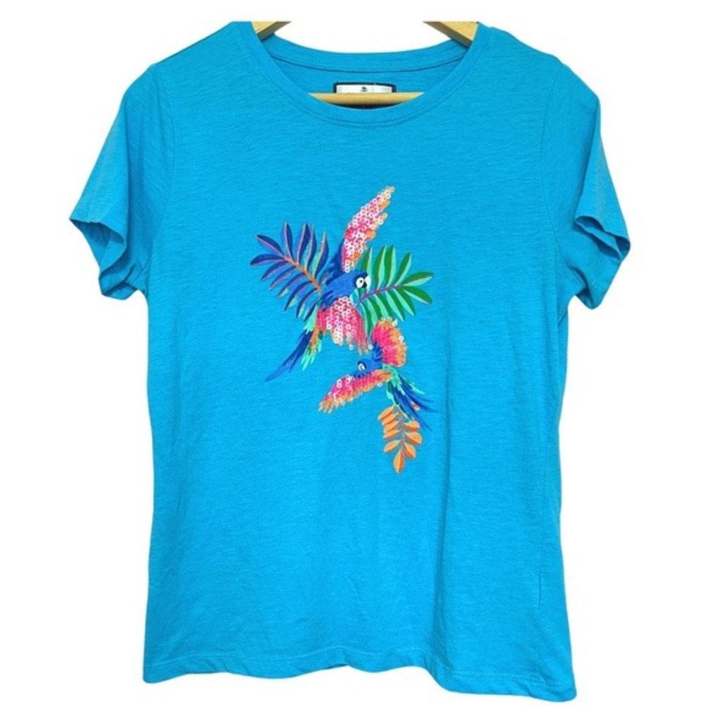 Stella Parker Sequinned Tropical Bird T Shirt Womens S Blue Top‎ Resort Vacation